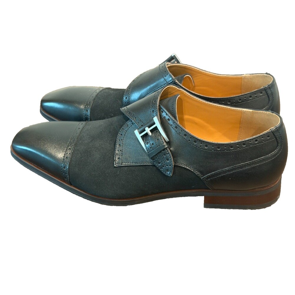 La Milano Milo Men's Single Monk Strap Shoes Black Leather Suede Wingtip Size 15